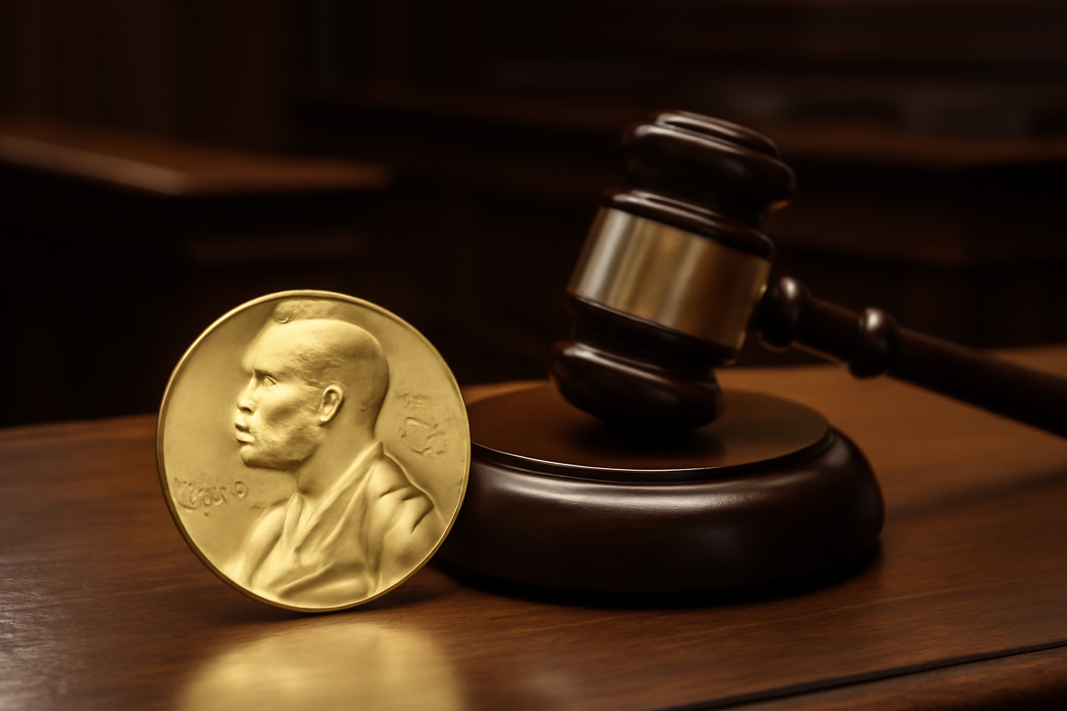 Nobel Peace Prize medal resting on a courtroom bench beside a judge's gavel