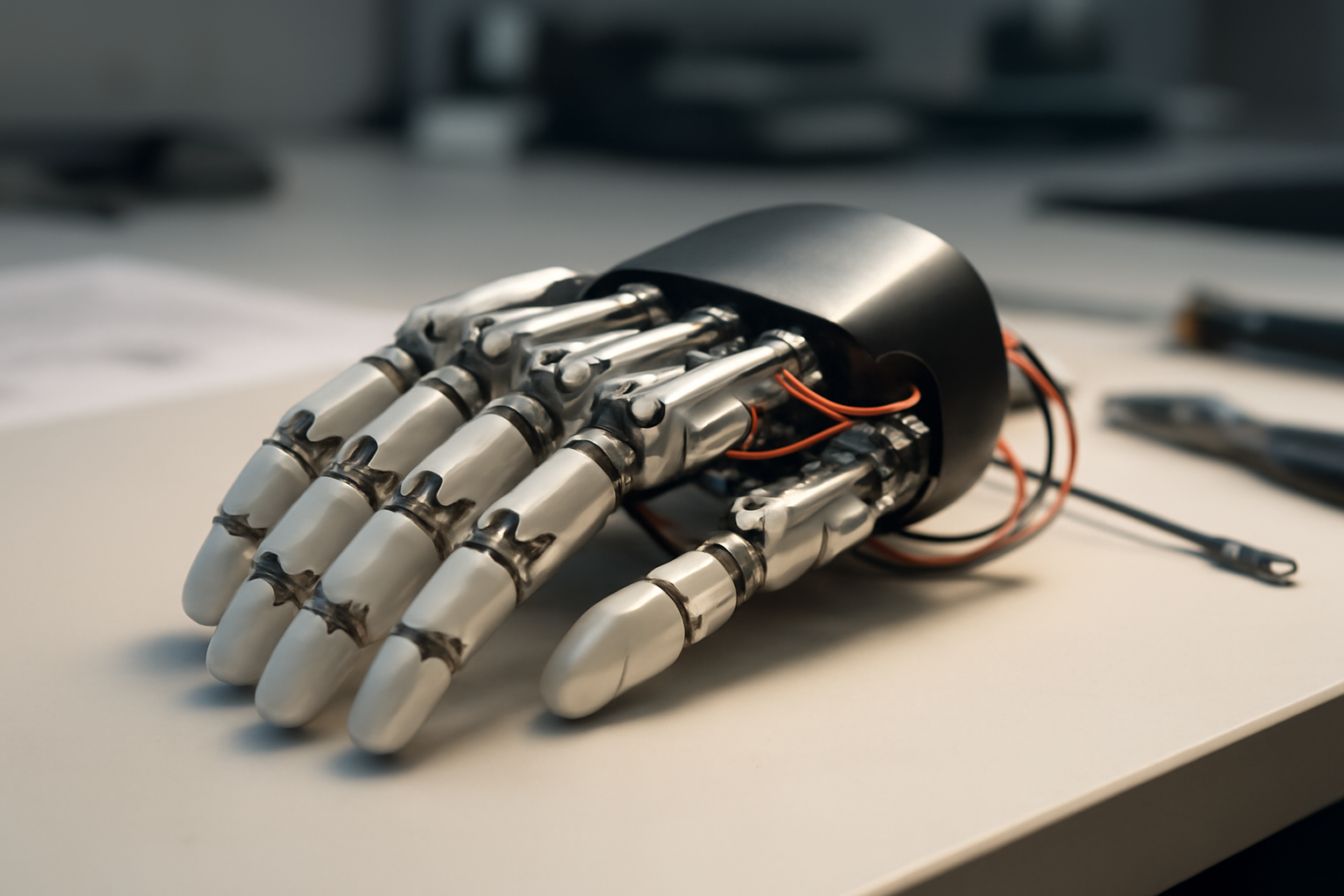 Close-up of a robotic hand's actuator joints and wiring on a workbench