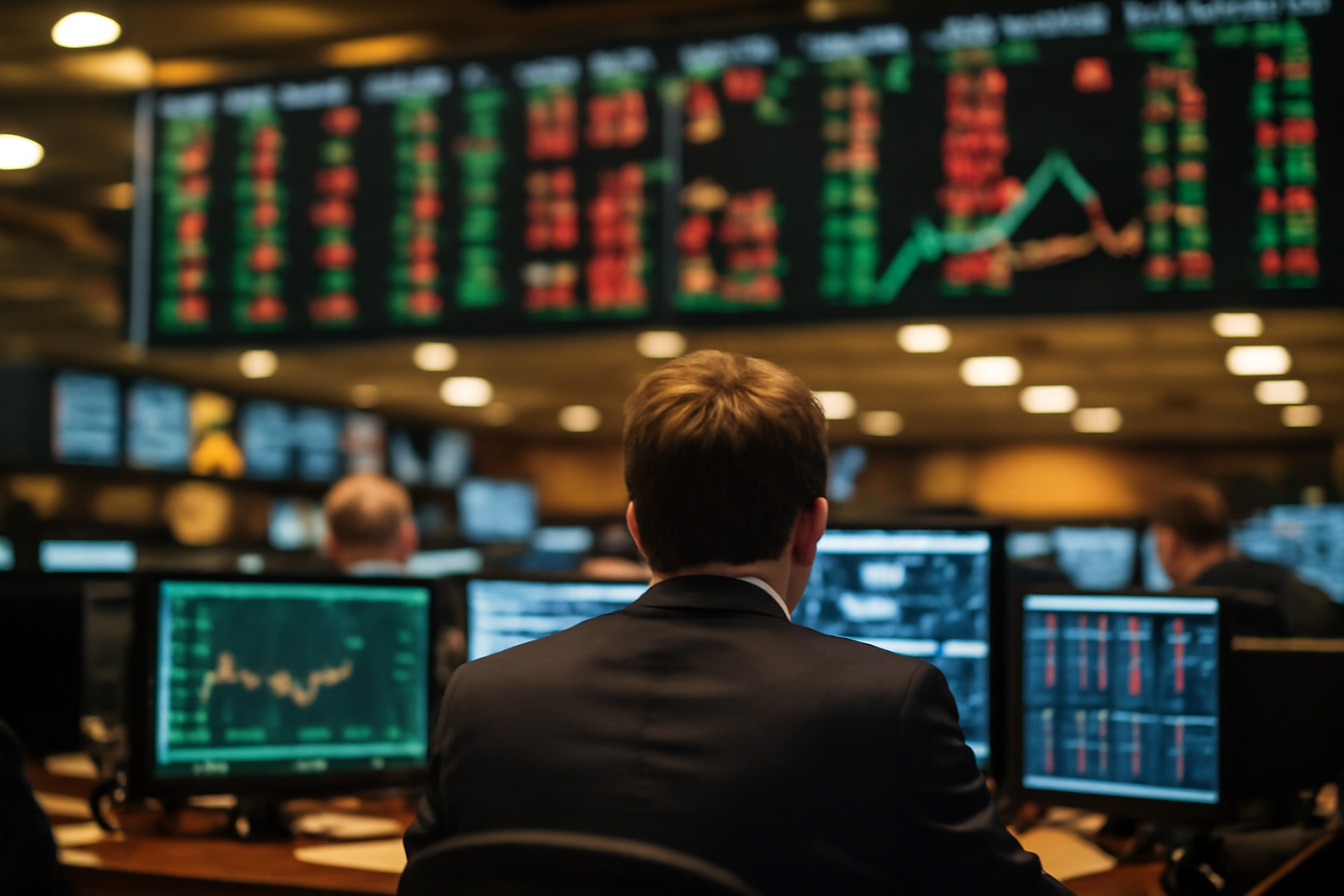 Stock market ticker display showing technology company names on a trading floor screen