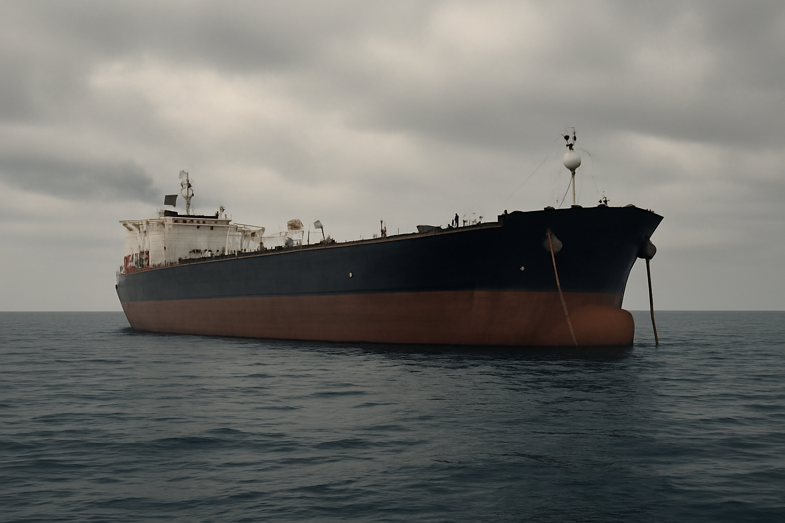 Oil tanker anchored offshore with no cargo activity visible under a hazy sky