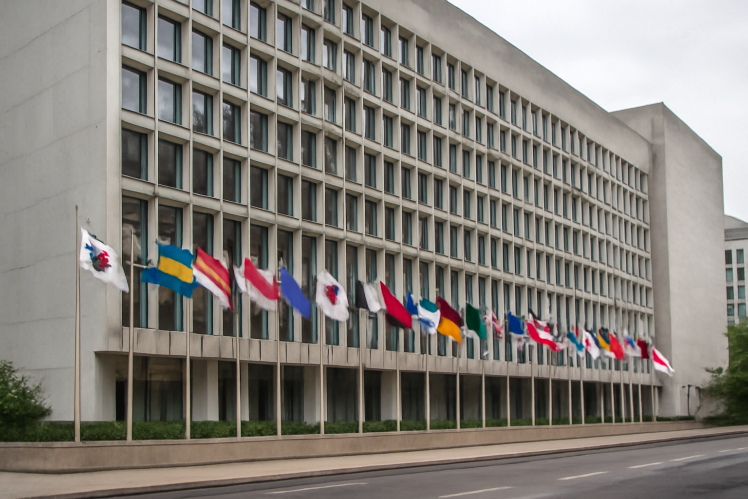 Exterior of the International Monetary Fund headquarters building with flags of member nations