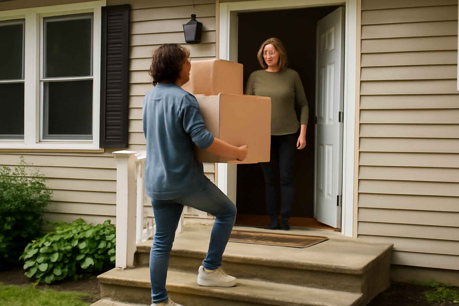 An adult child carrying moving boxes into a parent's suburban home