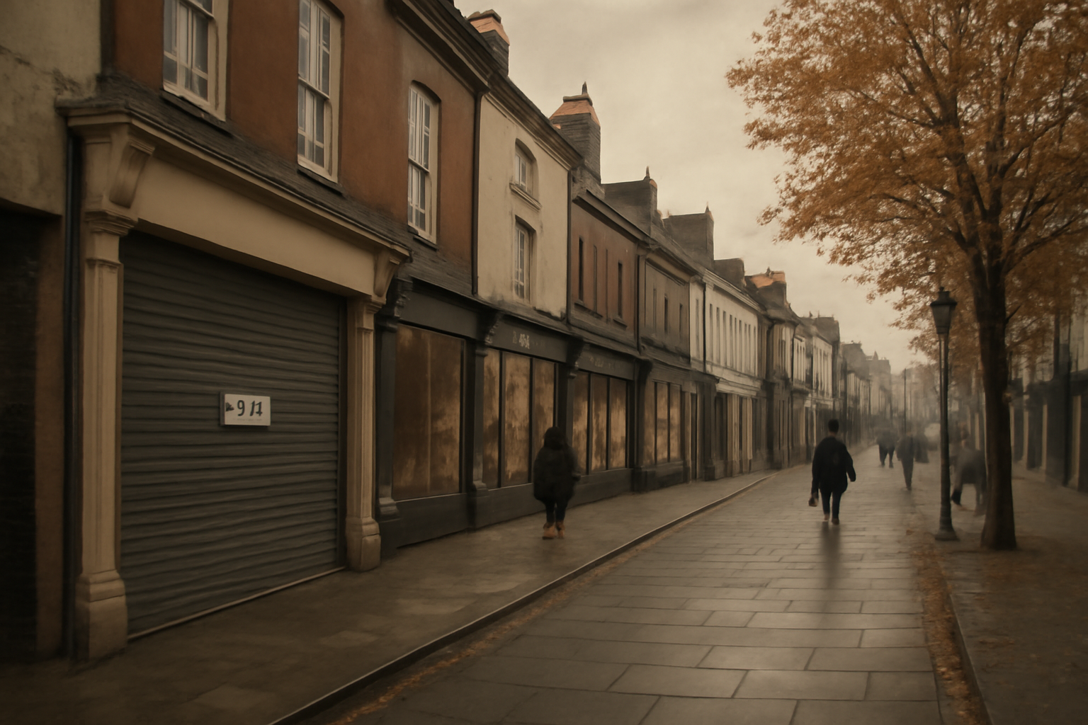 Shuttered storefront on a UK high street with a closed sign in the window