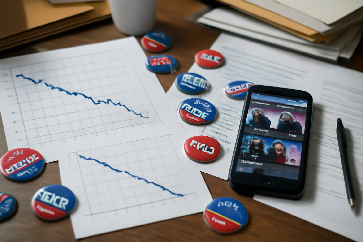 Rows of campaign yard signs and a smartphone showing a declining approval-rating poll graph