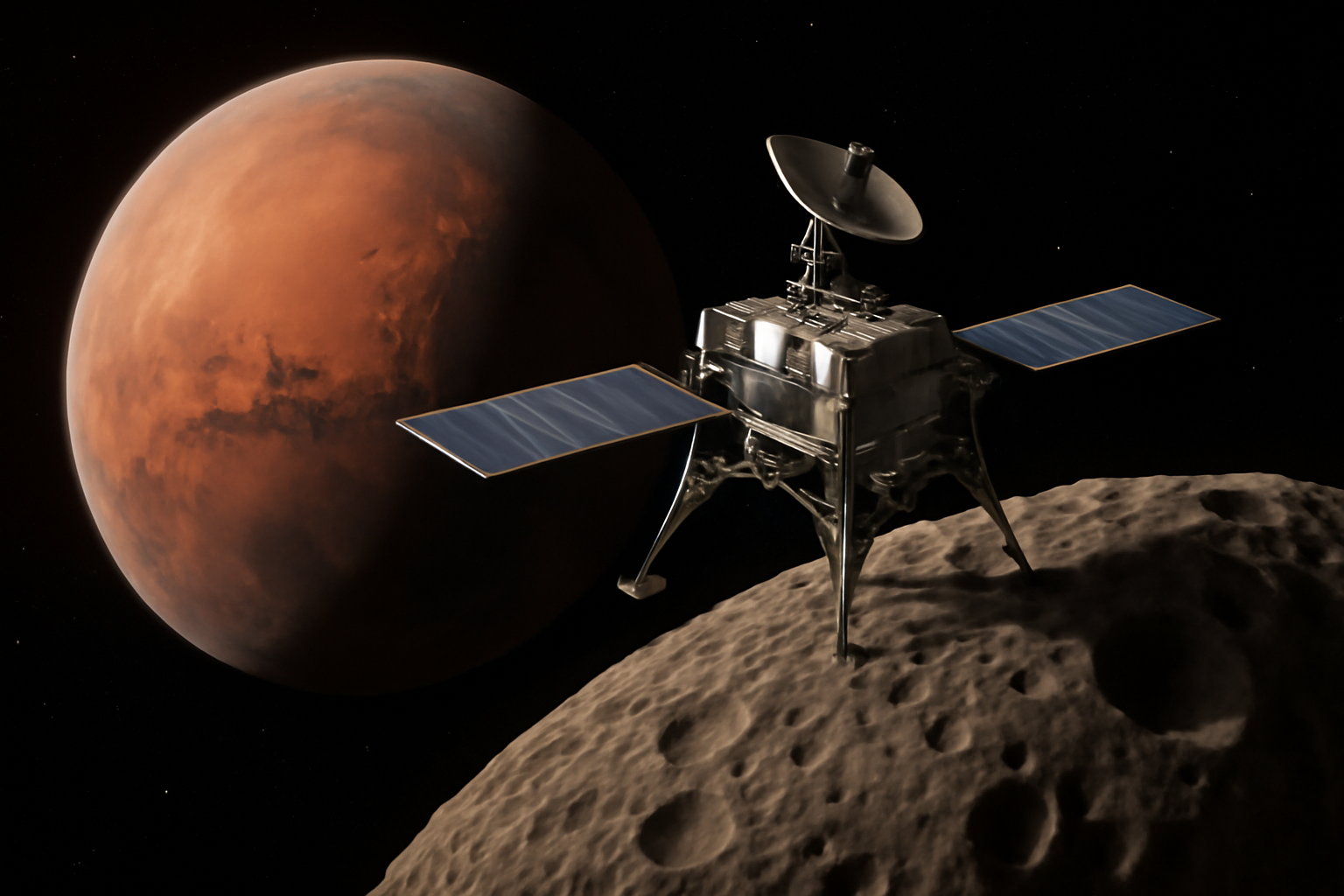Spacecraft approaching the cratered, potato-shaped surface of Mars's moon Phobos with Mars in the background