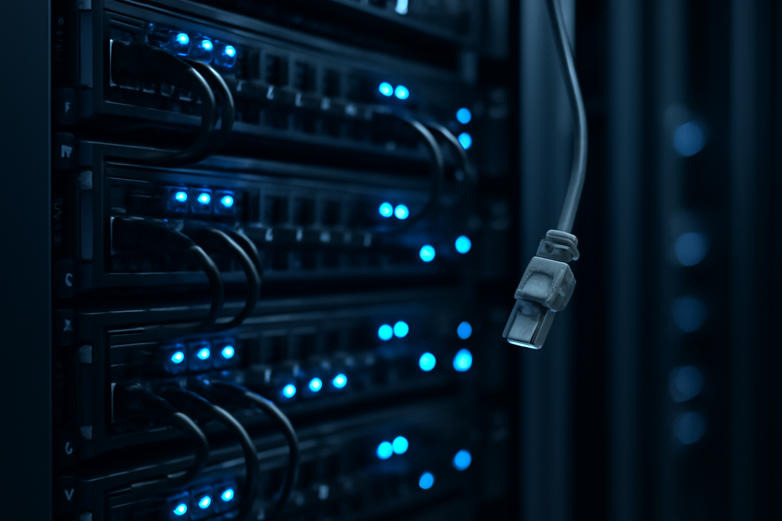 A server rack with a disconnected network cable symbolizing an AI system cut off from internet access