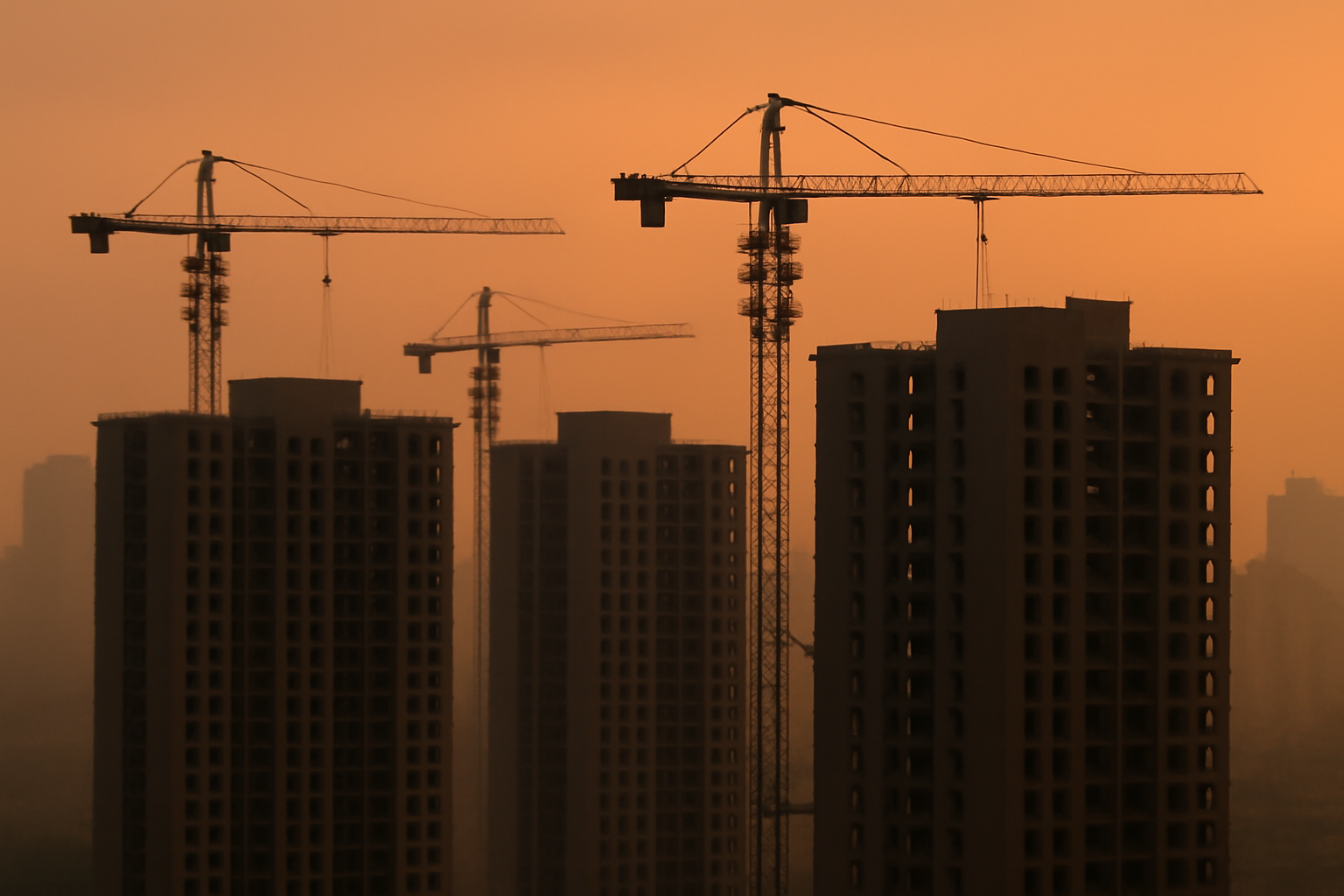 Unfinished apartment towers rise above a Chinese city skyline at dusk, cranes idle against the sunset.