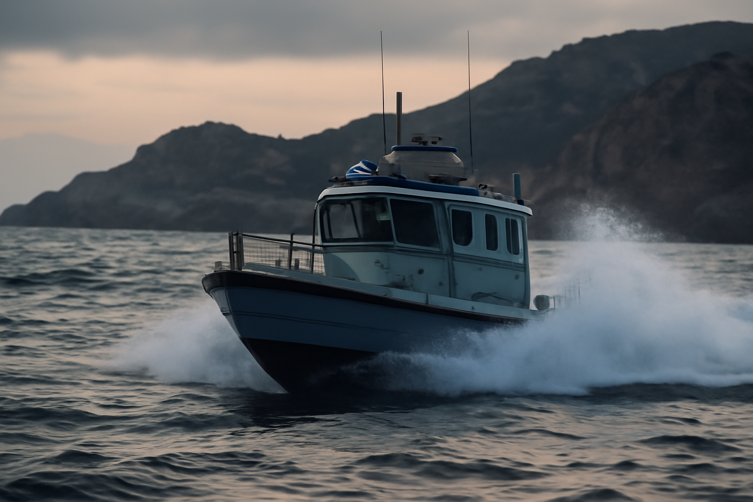A gray patrol boat cuts through coastal waves at high speed under an overcast sky
