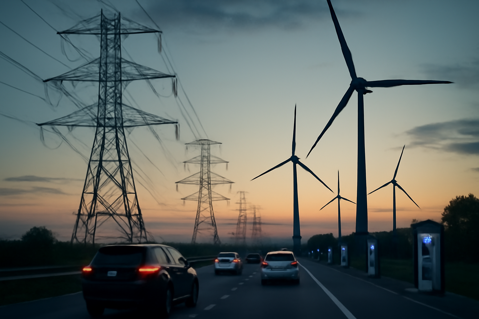 Electric transmission towers and wind turbines beside a highway at dusk