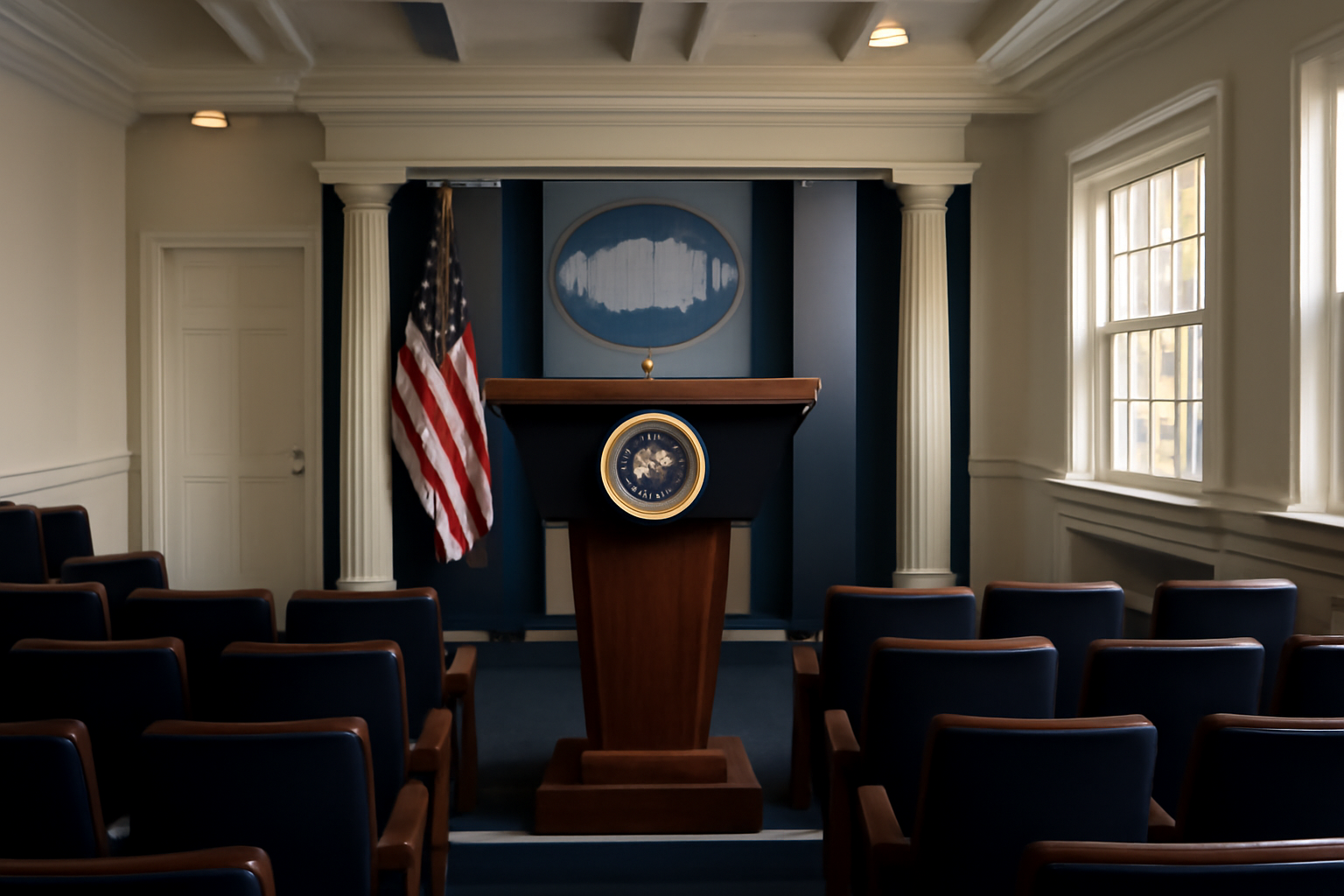 White House press briefing room podium with microphones and empty seats