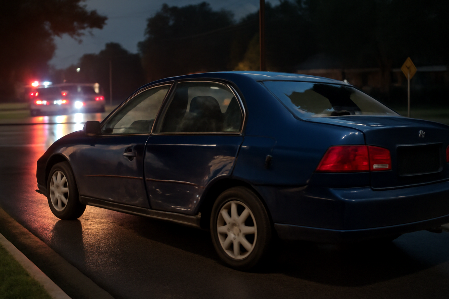 A damaged blue sedan with a shattered rear window sits near a police tape line on a North Austin roadside