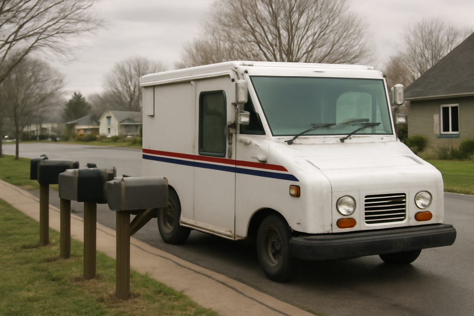 A U.S. Postal Service delivery truck parked beside a row of curbside mailboxes on a residential street.