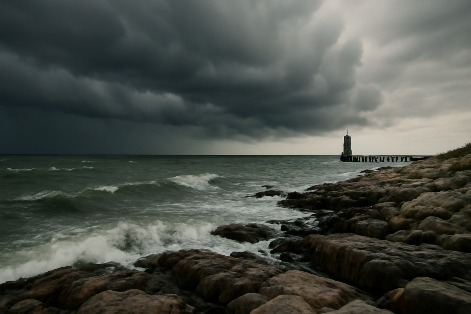 Waves crash against a rocky East Coast shoreline under gray storm clouds
