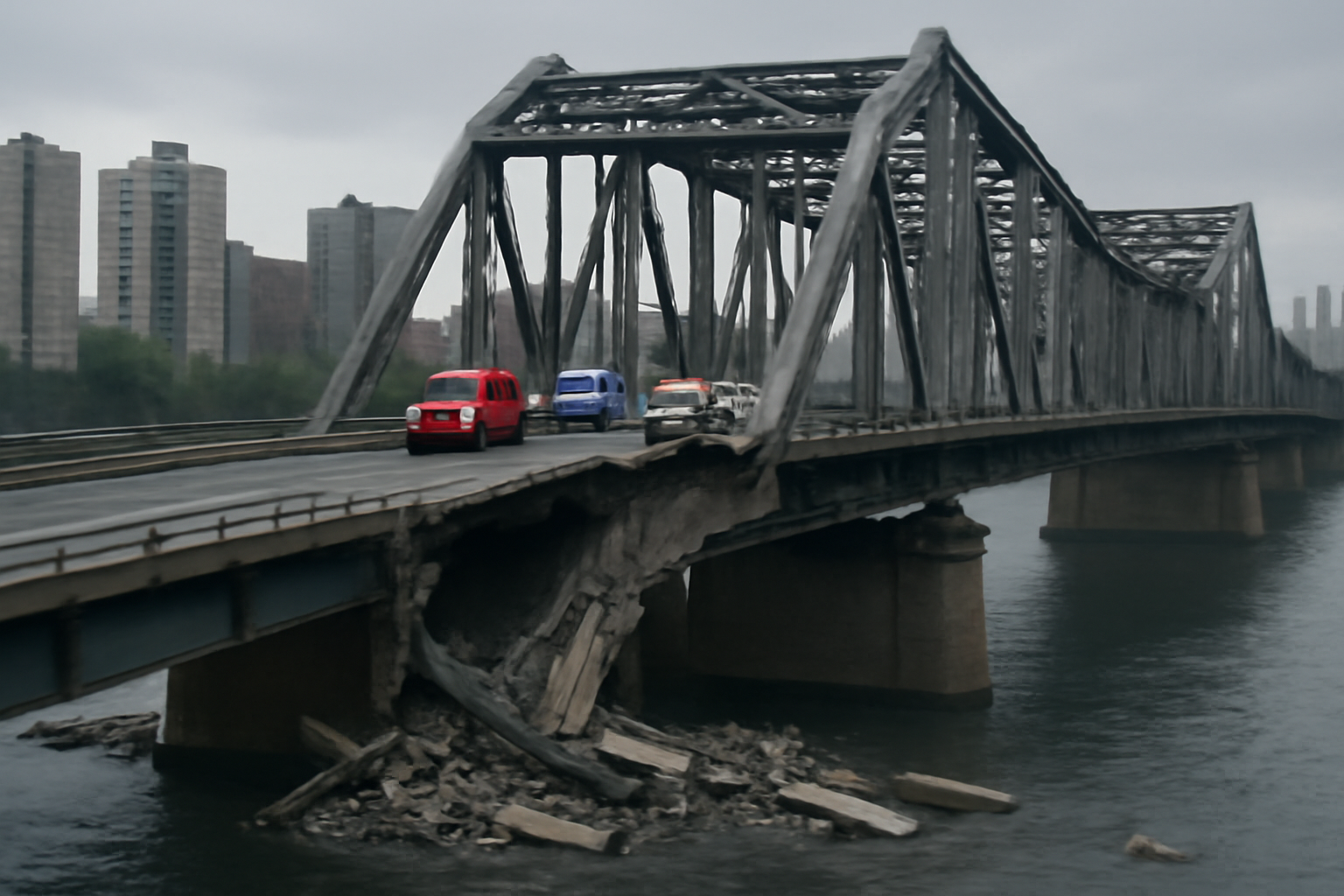 A damaged bridge over the Dnipro River in Kyiv with suspended traffic and emergency vehicles nearby