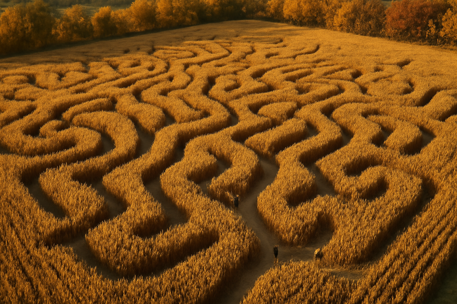 Rows of tall corn stalks forming a maze path on a farm under an autumn sky