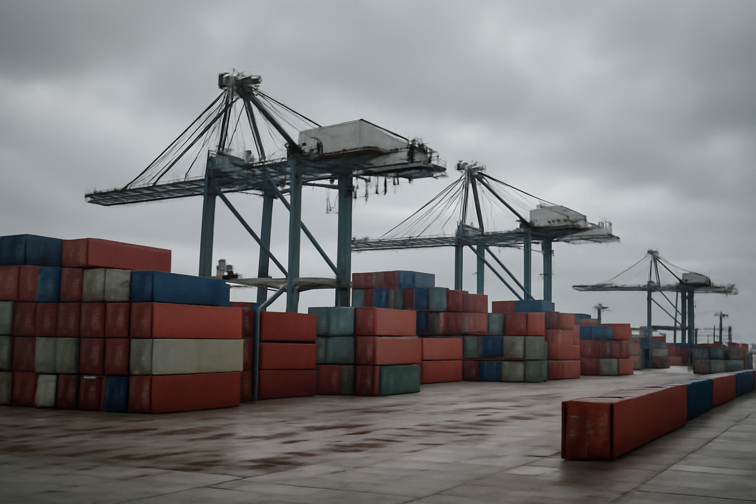 Rows of shipping containers at a port with cargo cranes under overcast sky
