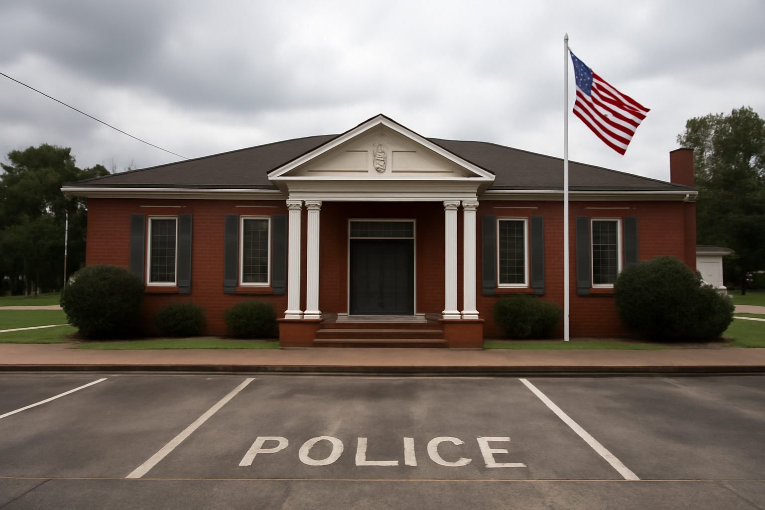 Small-town Georgia city hall building with an empty police parking spot out front