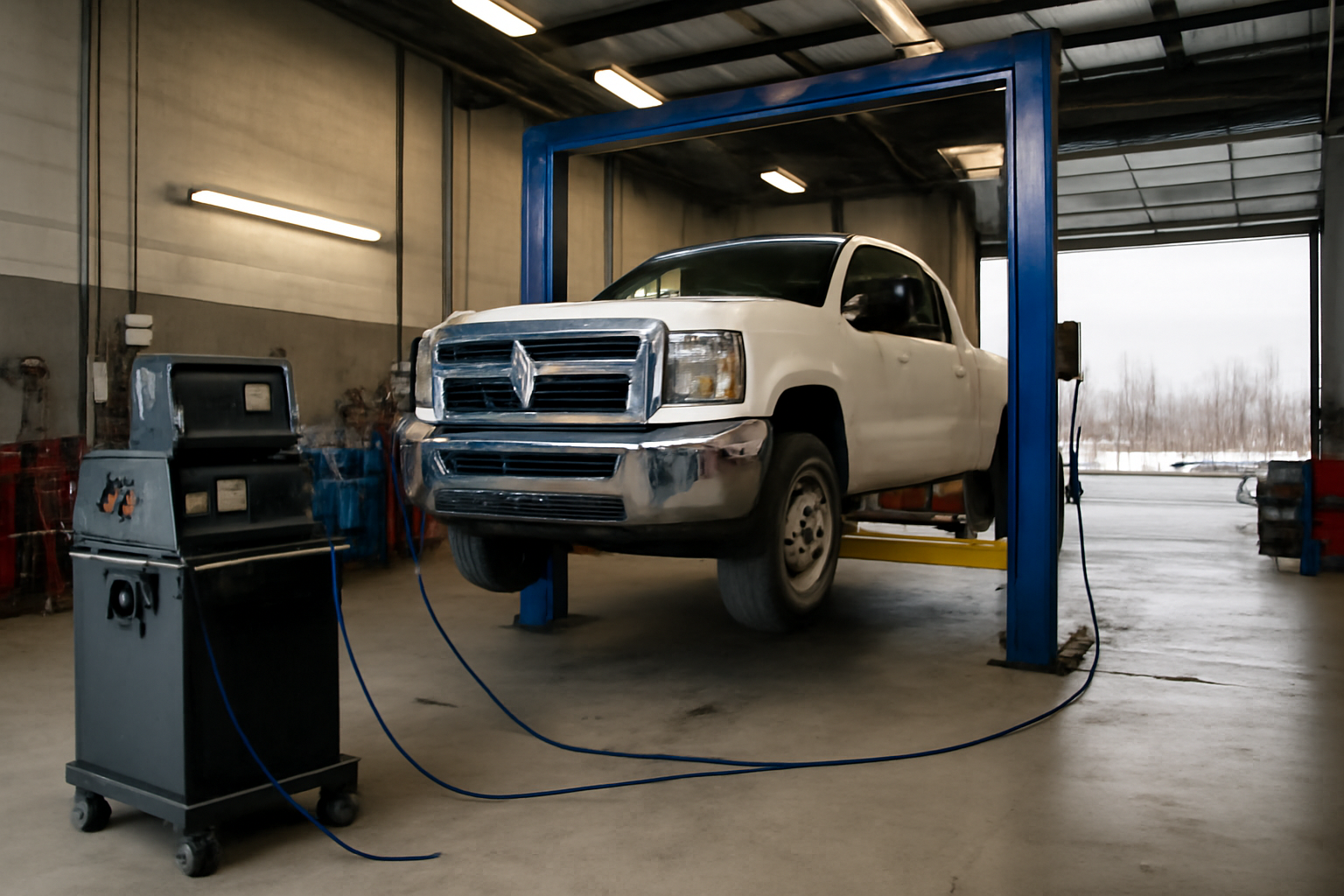 An auto repair garage bay in Anchorage, Alaska with diesel emissions testing equipment visible near a lift