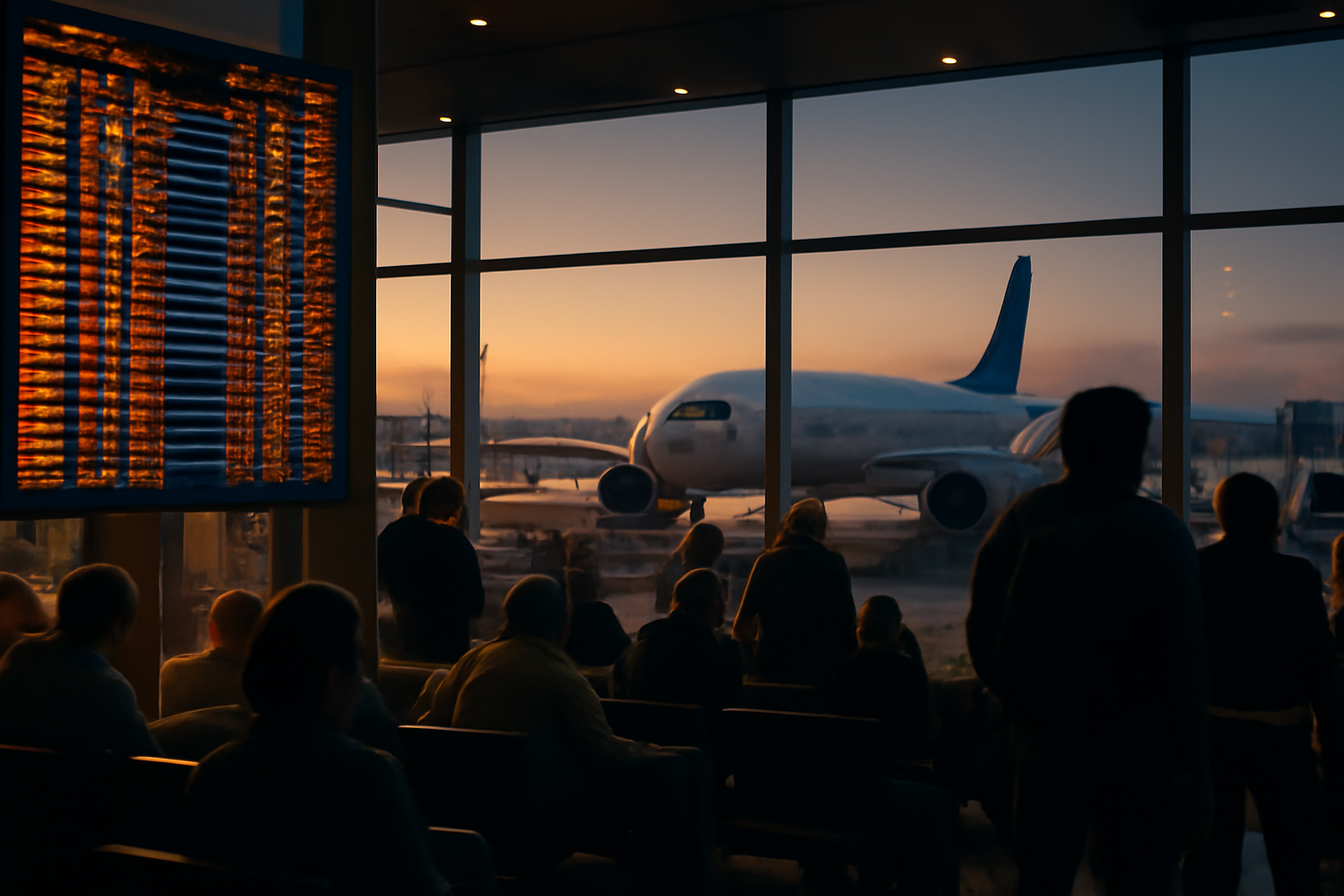 Airport departure board showing international flights with a commercial jet visible through terminal windows
