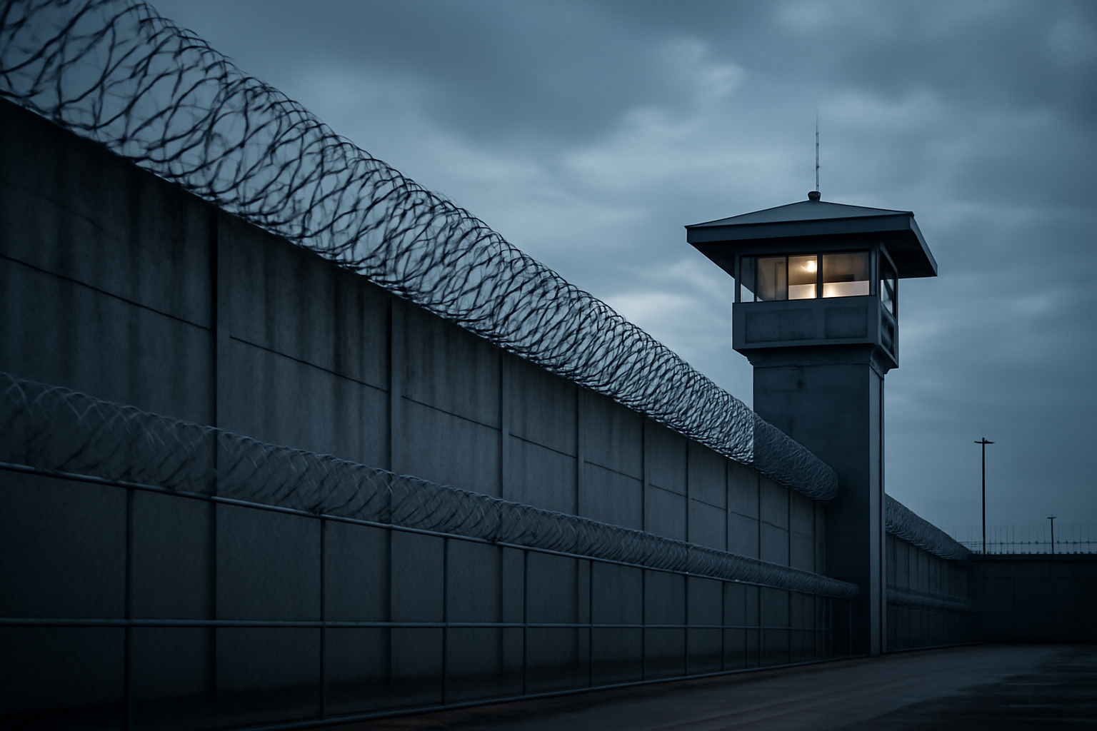 Exterior view of a maximum security prison facility with razor wire fencing under overcast sky