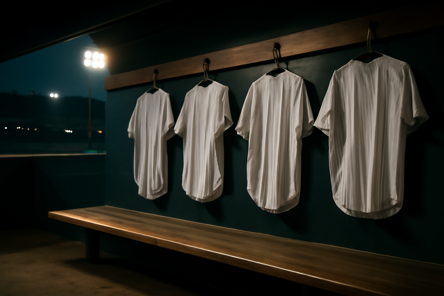 Empty Yankees dugout bench with pinstripe jerseys hanging before a playoff game