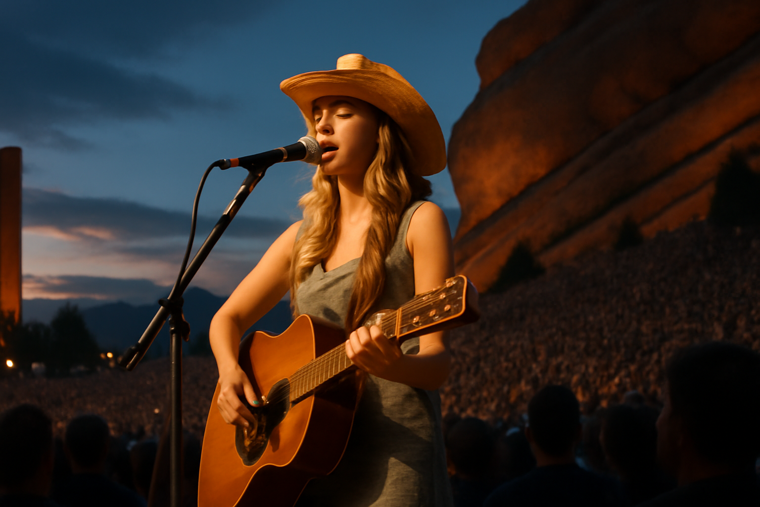 Country singer performing on an outdoor stage at a red rock amphitheater at dusk