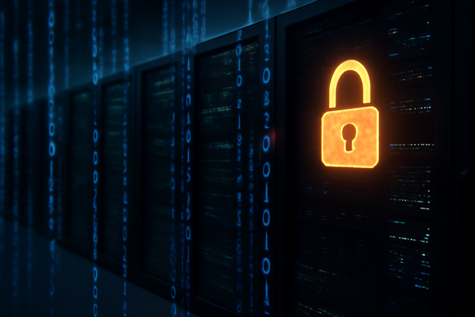 Rows of server racks with a glowing padlock icon overlaid on a data stream, symbolizing exposed cloud databases