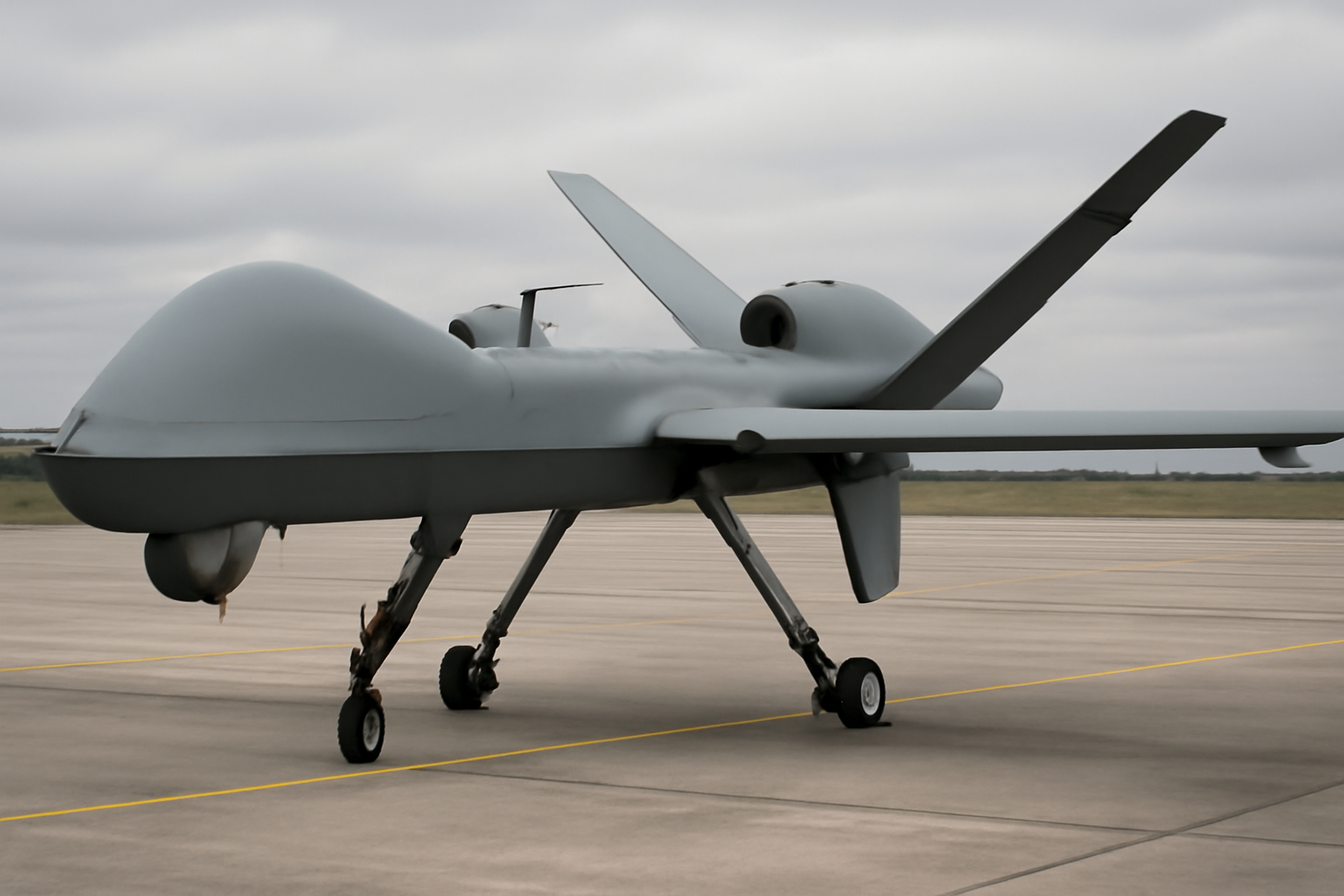 An unmanned military drone with a jet engine intake sits on a tarmac under overcast sky