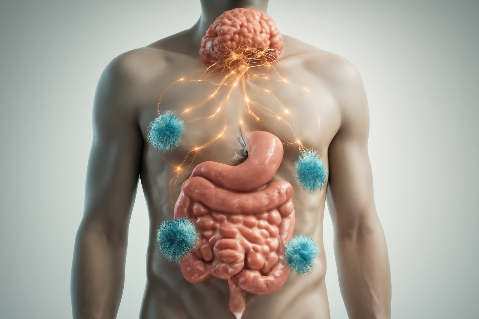Digital illustration of the human gut and immune system connected by glowing nerve pathways to the brain