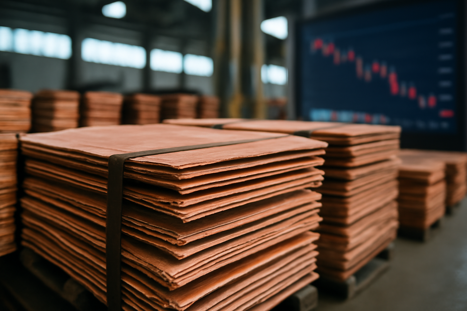 Copper cathode stacks in an industrial warehouse with a trading screen displaying falling metal prices in the background