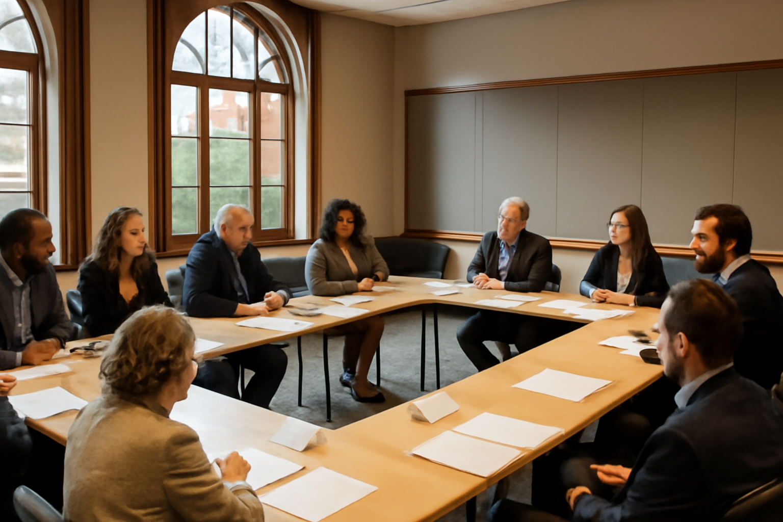 Researchers seated at square tables during a climate policy simulation exercise