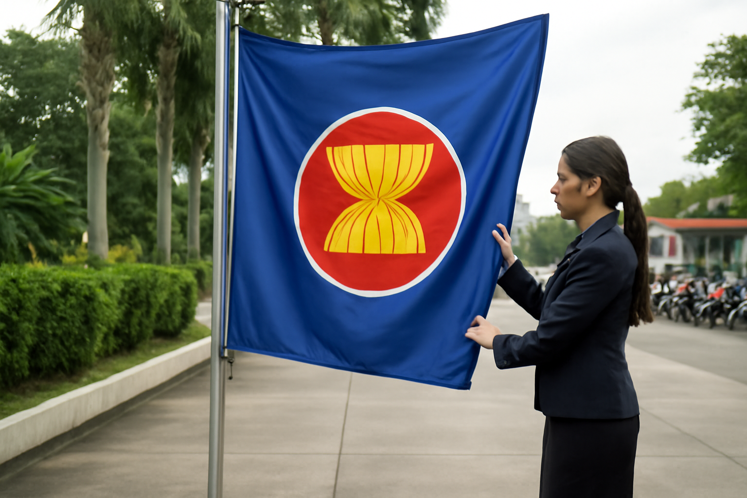 A woman adjusts an ASEAN flag outdoors at a regional diplomatic venue in the Philippines