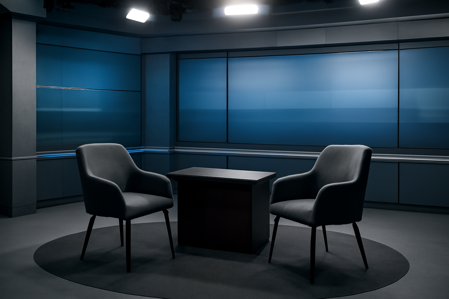 Television studio set with a vintage-style interview chair under soft broadcast lighting