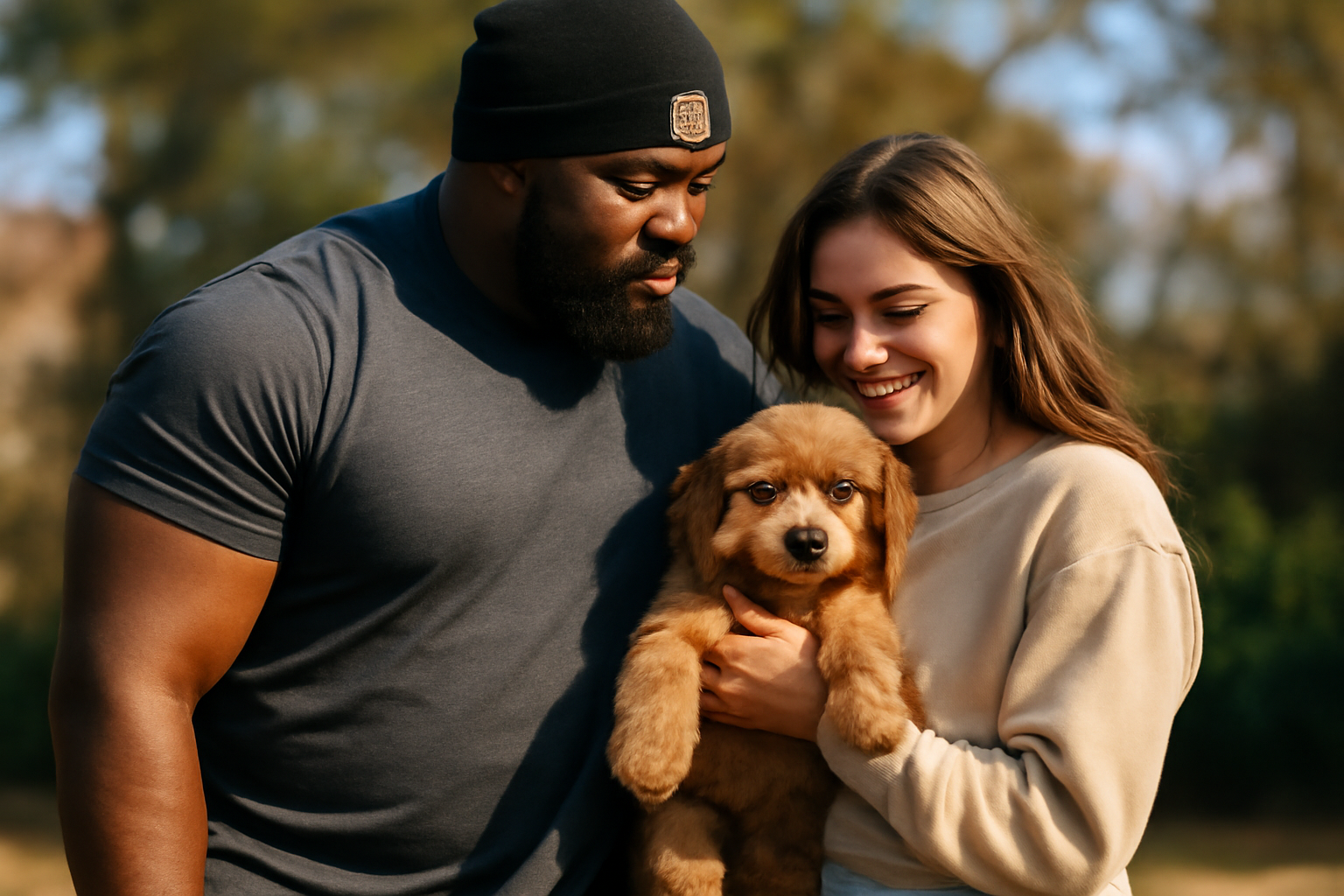 NFL defensive end in team gear standing beside a woman holding a small puppy outdoors