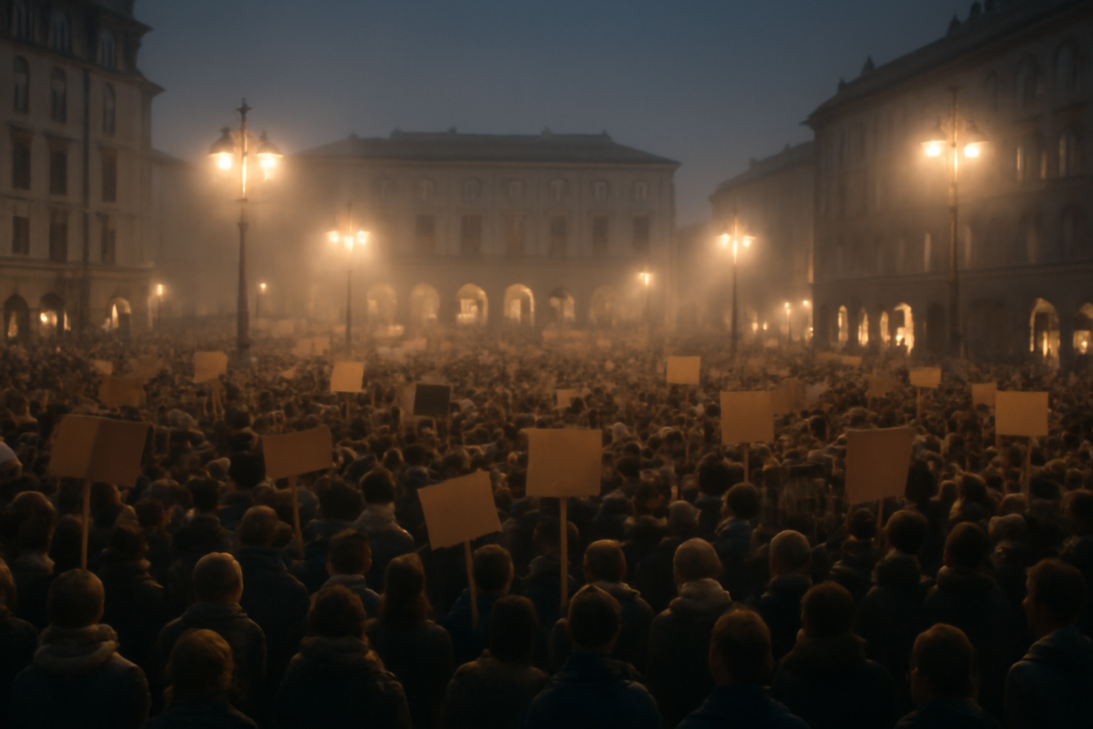 A crowded public square filled with demonstrators during a protest in Albania