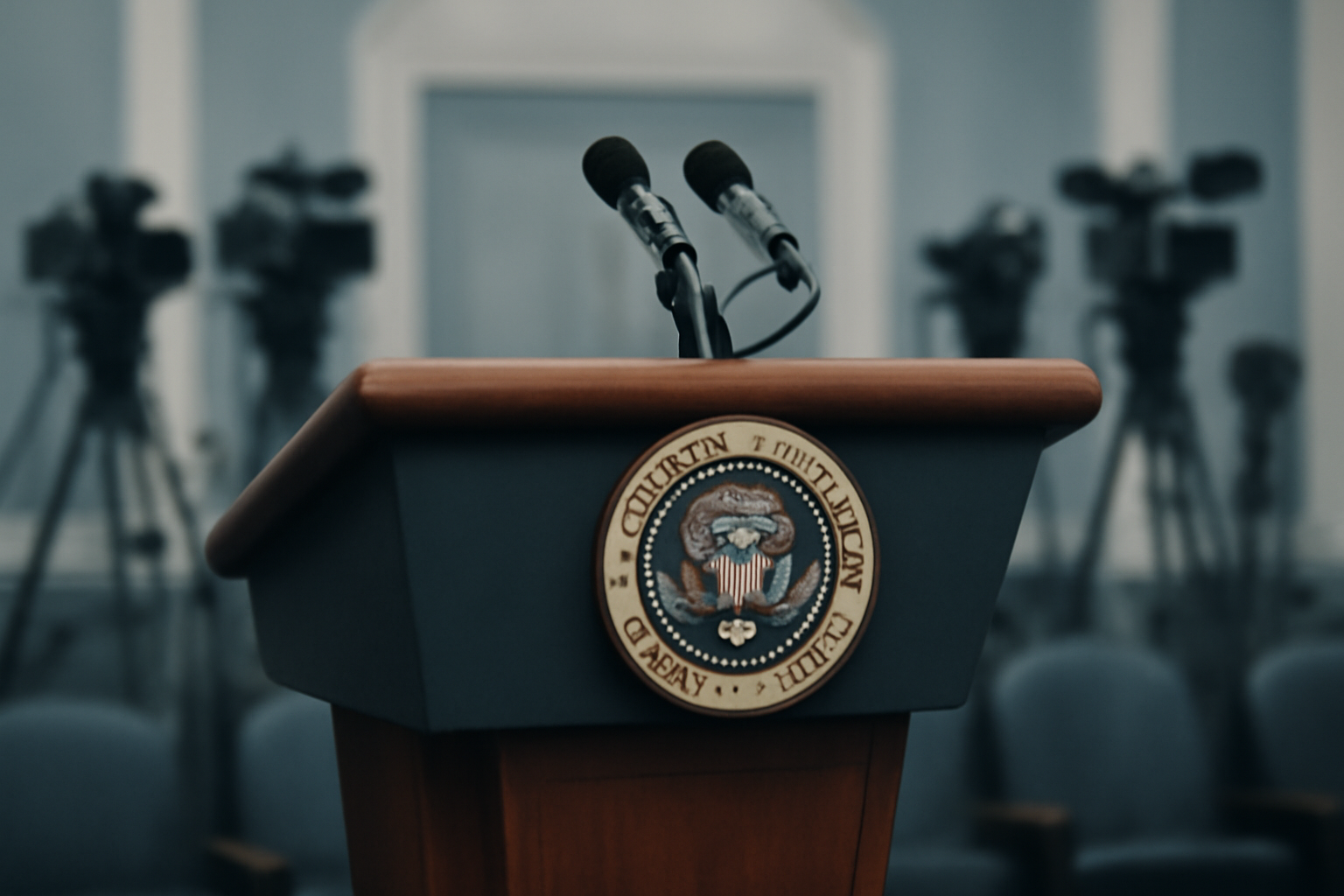 A lectern with a presidential seal in front of blurred news cameras and an American flag