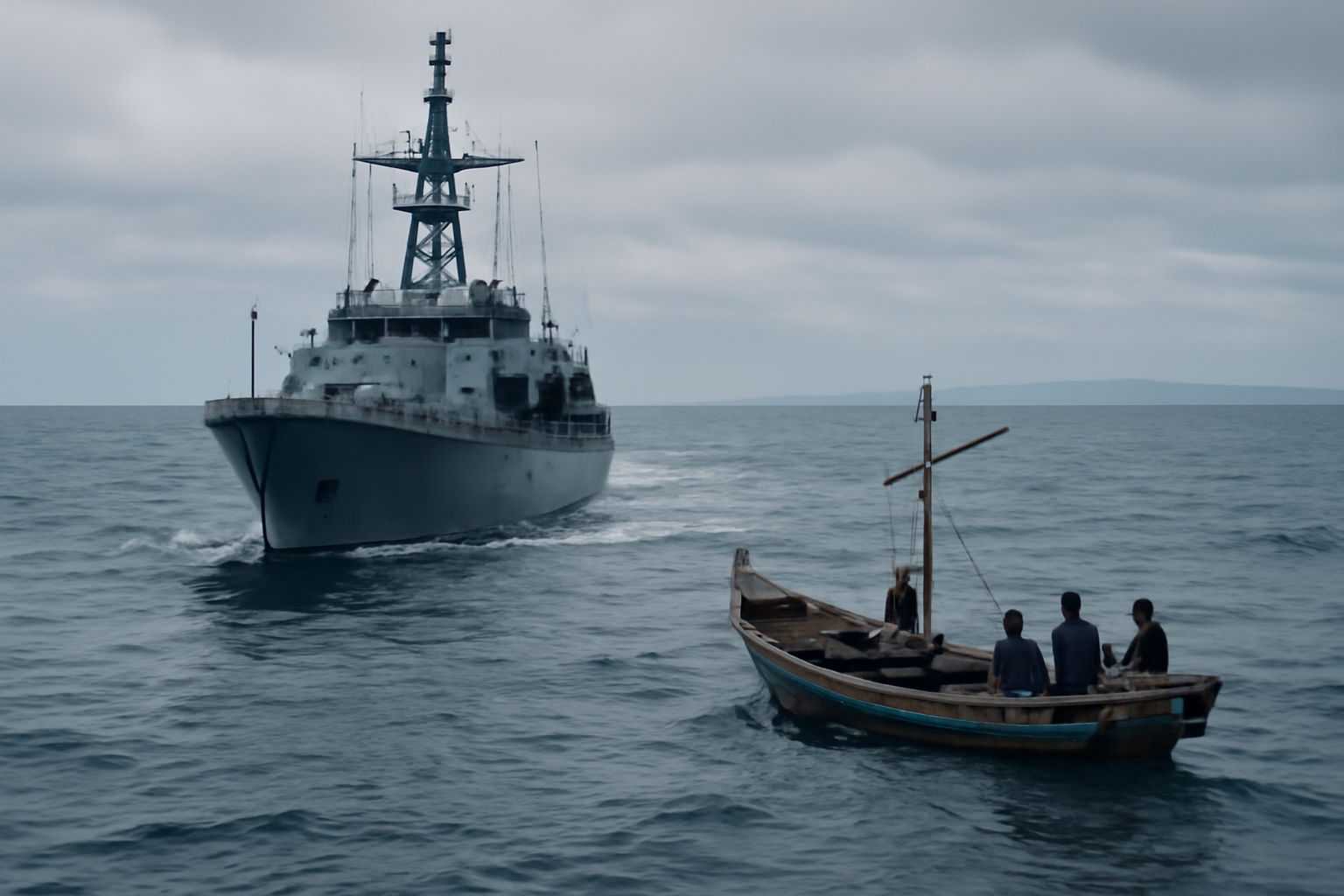A patrol vessel approaches a small wooden fishing boat on open ocean water