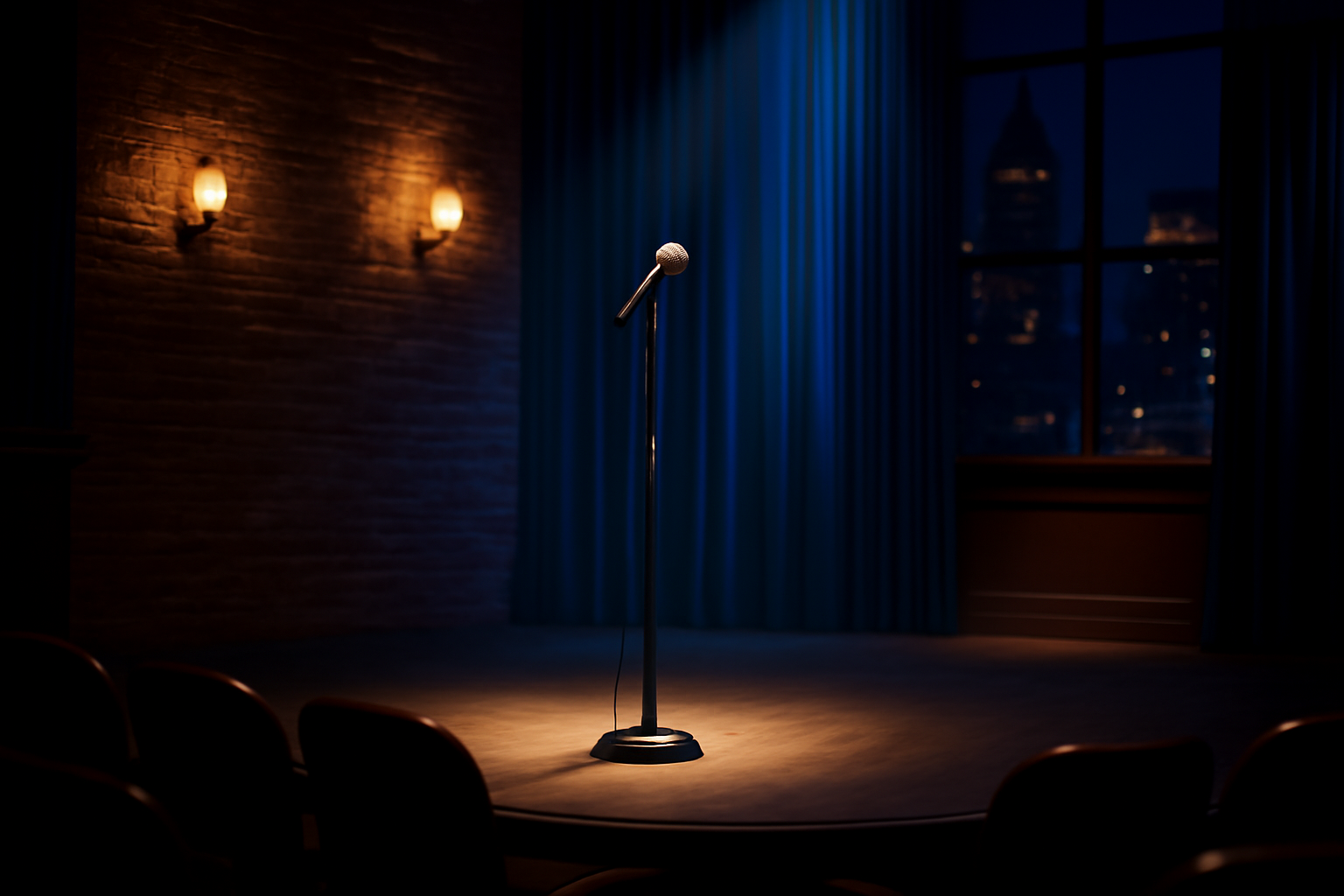 Television studio stage microphone and spotlight representing a late-night comedy monologue set