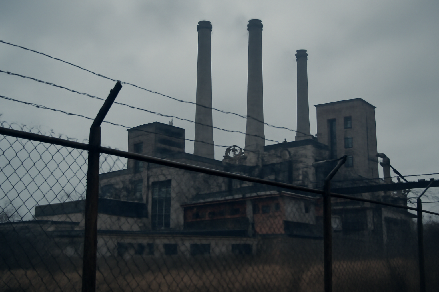 Industrial factory building with smokestacks under a gray sky near a fenced perimeter