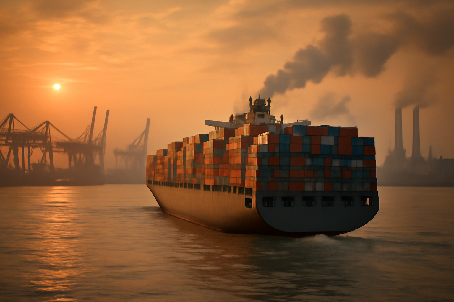 Container ship loaded with electronics cargo departing a Chinese port