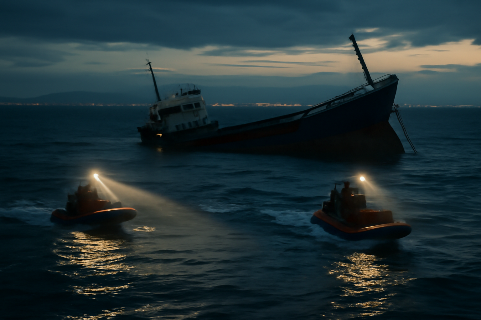 Rescue boats searching dark Black Sea waters near a damaged cargo ship at dusk