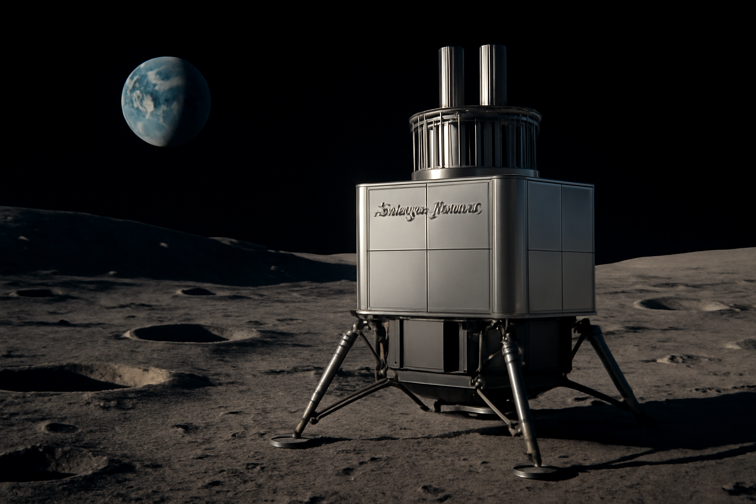 A nuclear reactor module sits on the lunar surface with Earth visible in the black sky above craters.