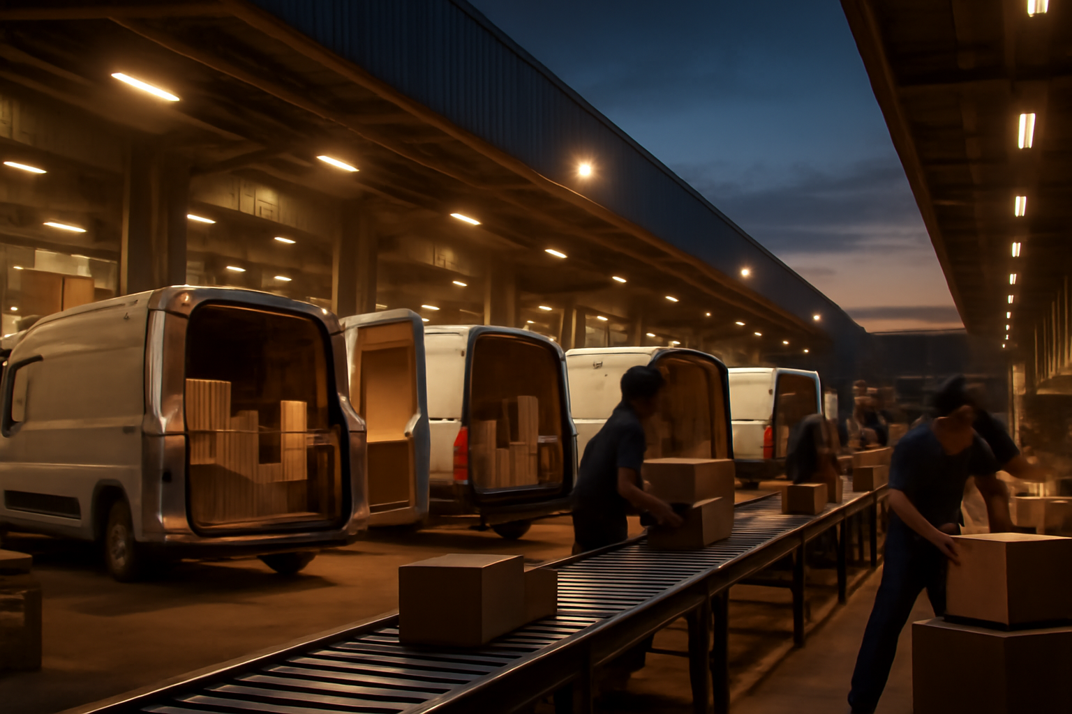 Delivery vans and warehouse workers loading packages at a logistics distribution center