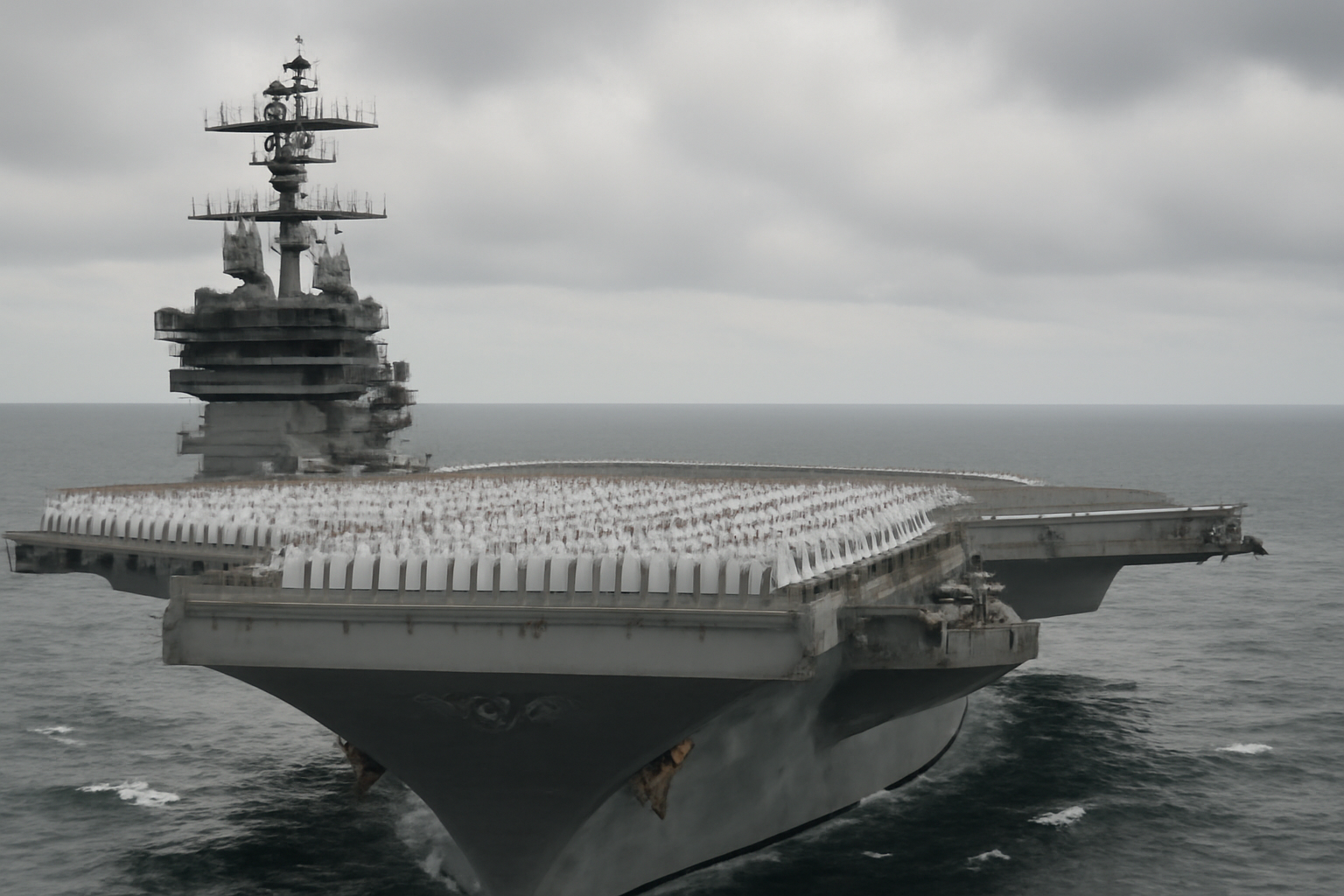 Sailors assembled in formation on the flight deck of a Navy aircraft carrier underway at sea