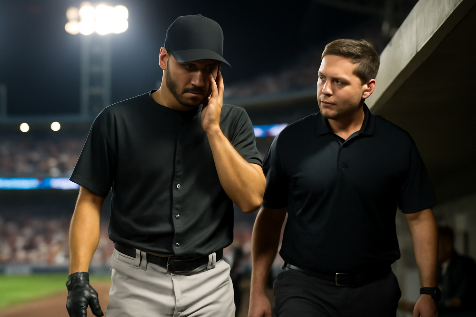 Baseball player walking toward dugout with hand covering side of face after being struck by a foul ball