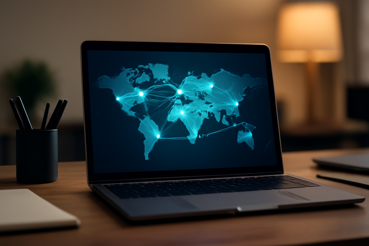Laptop screen displaying a VPN connection map with encrypted server locations highlighted