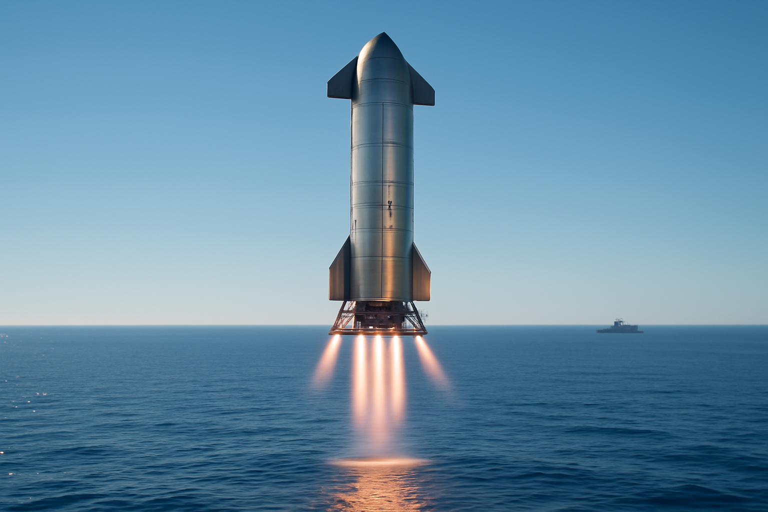 Starship upper stage descending toward the Pacific Ocean with parachute-free splashdown trail visible