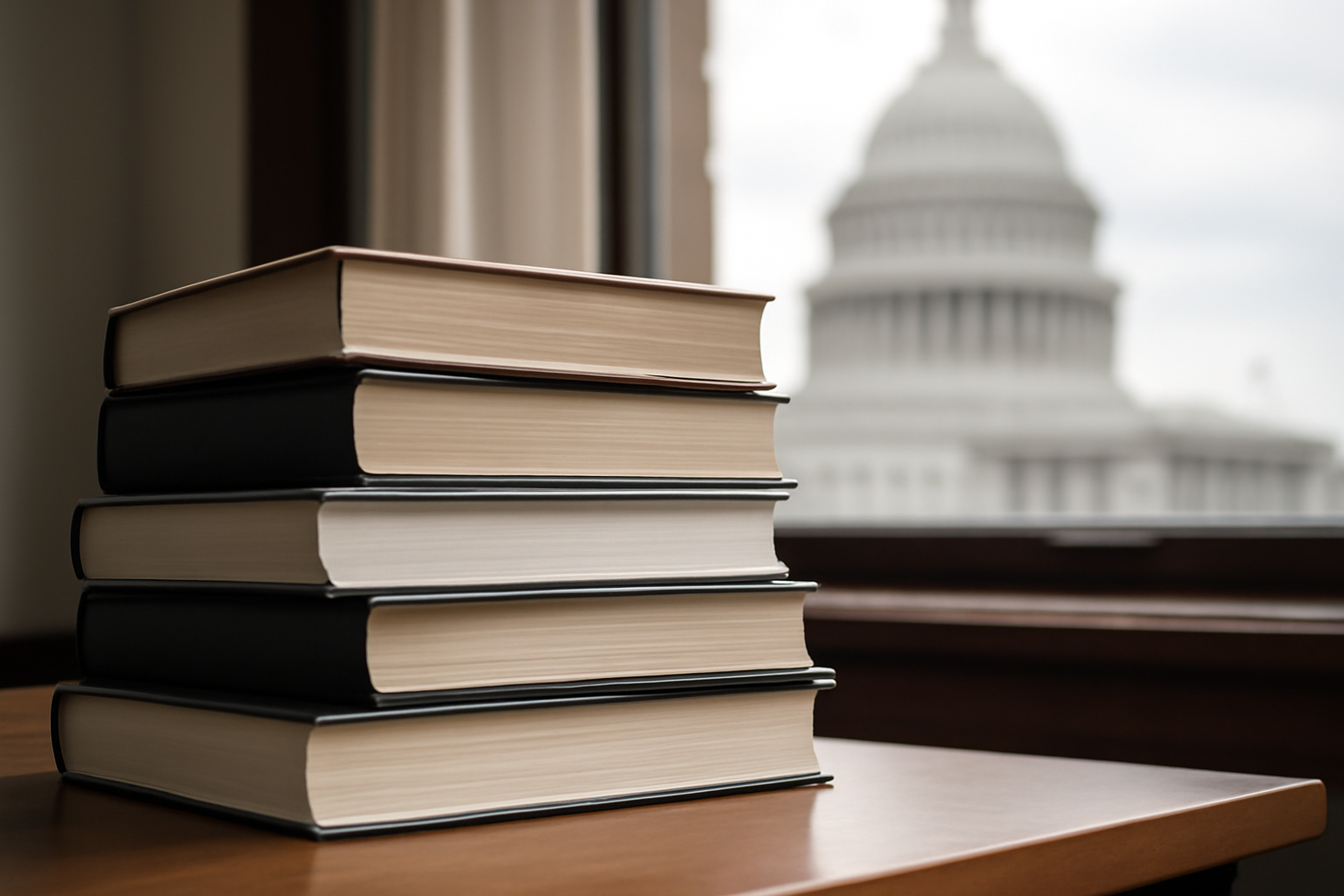 Stack of nonfiction books with a federal government building visible through an office window in the background