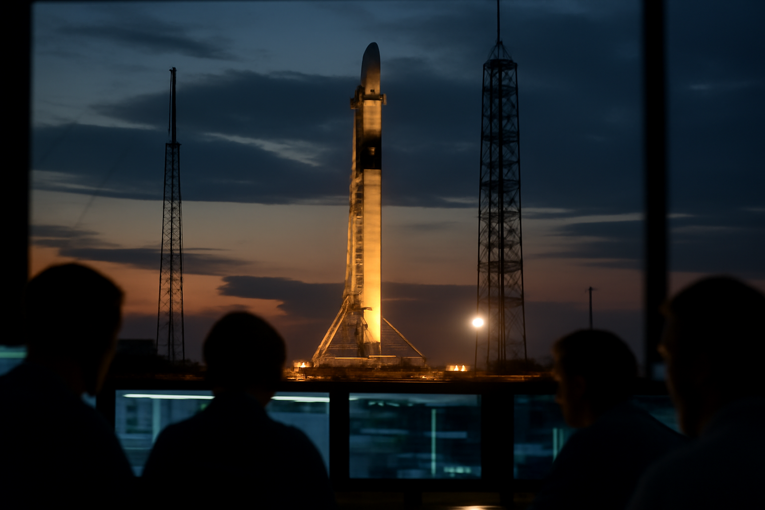 SpaceX Falcon rocket on the launch pad with mission control screens in the background