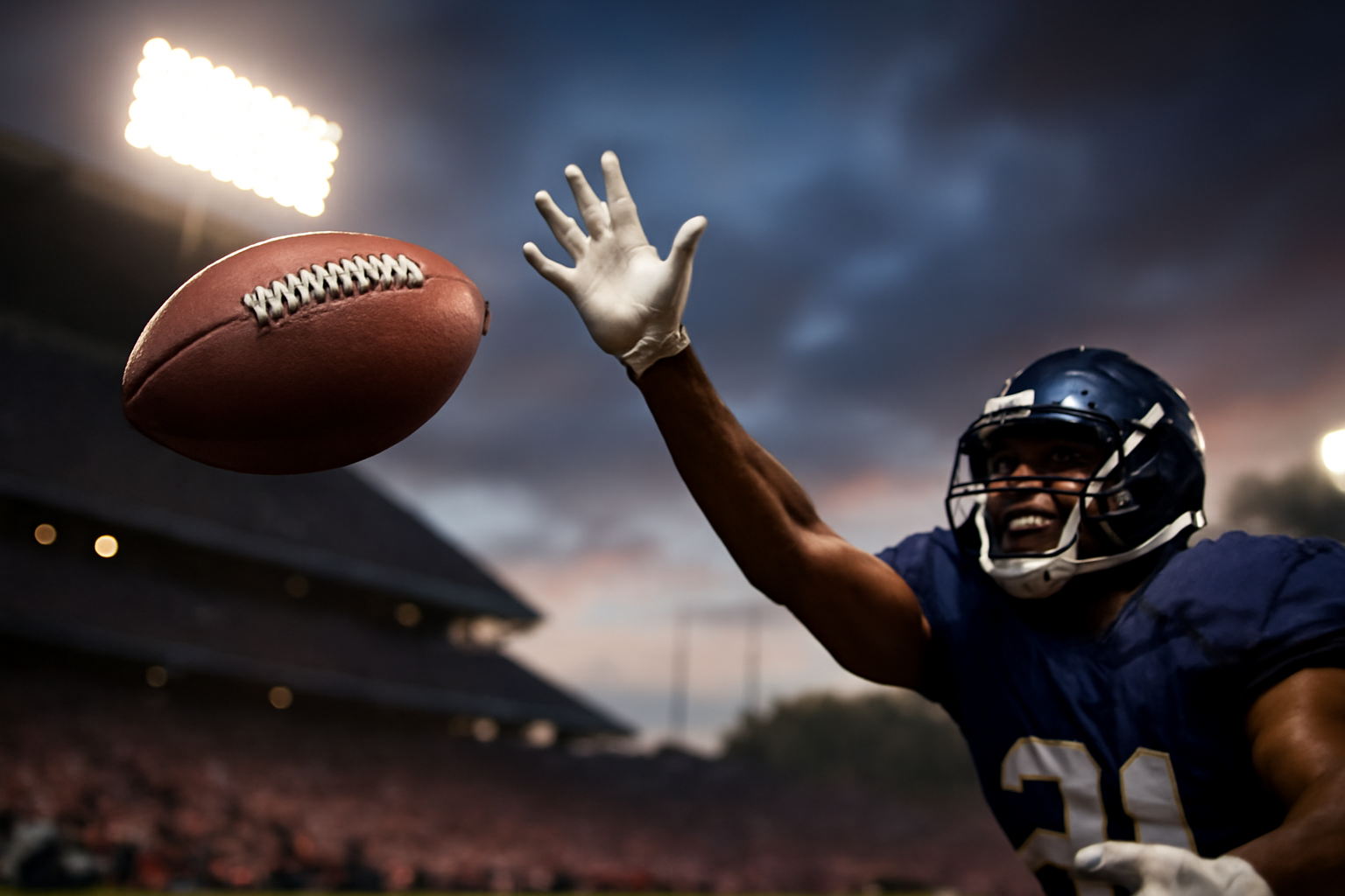 A football sails through the air toward a defender as a stadium crowd watches under evening stadium lights